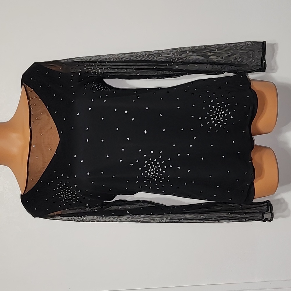Victoria Jones Sheer Sleeve Silver Spotted Top Black Size Medium